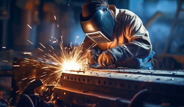 Craftsman using gas cutting machine in steel fabrication for con