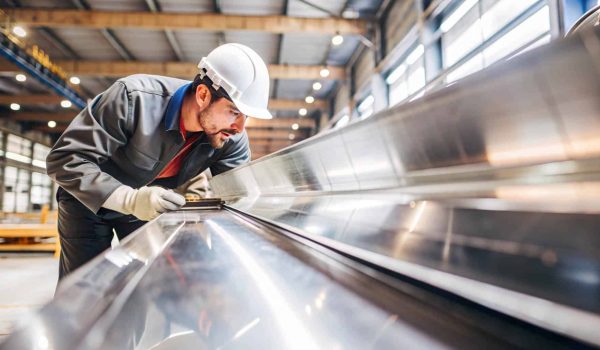 Metalworker Inspecting Steel in Factory. A focused factory worke